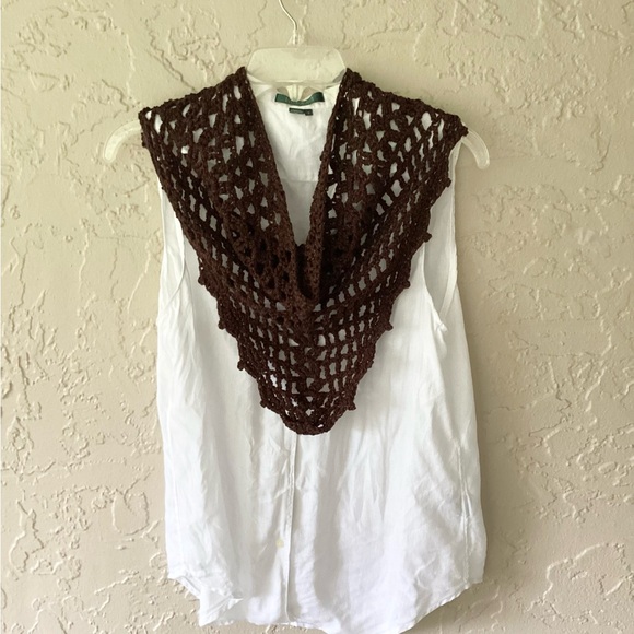 Scarf Triangle Cowl Shawl Hand Crafted Brown Gold Glitter Crochet Overlay - Picture 3 of 16